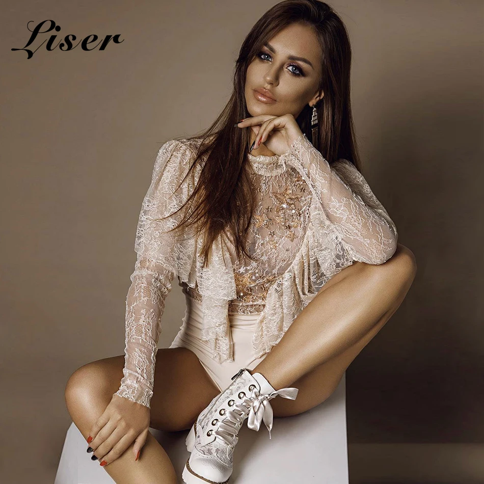 Женское боди с высоким воротом Liser Черное и бежевое облегающее кружевом для