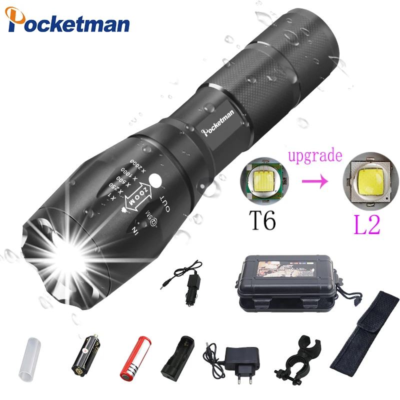 

Pocketman 5 mode 8000LM LED Flashlight 18650 torch waterproof rechargeable XM-L T6 L2 Zoomable light For 3x AAA or 3.7v Battery