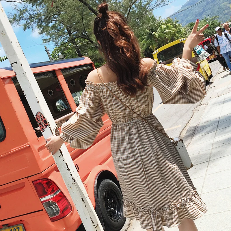 BGTEEVER винтажное клетчатое платье с вырезом лодочкой пышными рукавами и