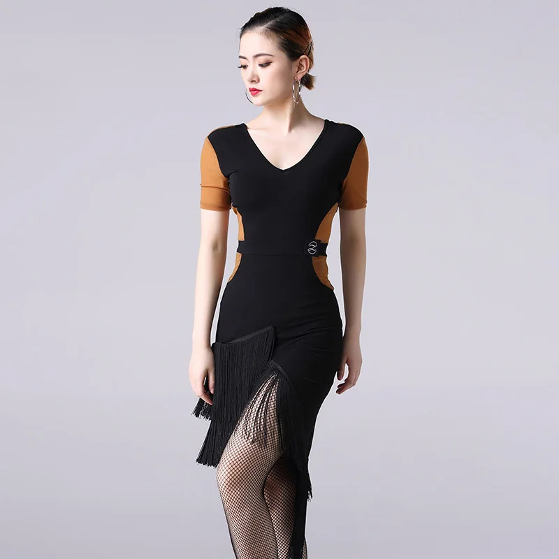 Latin Dance Dress Adult Female Sexy V-Neck Fringed Short Sleeve Dresses For Women'S Ballroom Samba Practice Dance Clothes DL3988