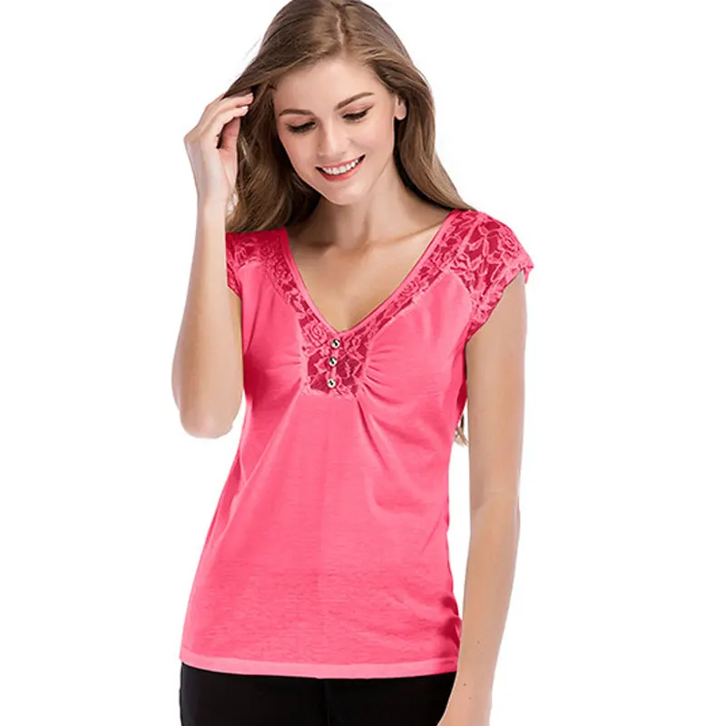 2018 Summer Women Shirt Short Sleeve V Neck Tops Blouse Solid Color Lace Spiiced Womens New Fashion Clothing 3 |