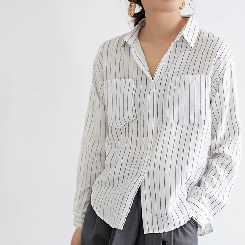 Женская блузка в полоску BGTEEVER с длинным рукавом и отложным воротником 2019|Блузки| |