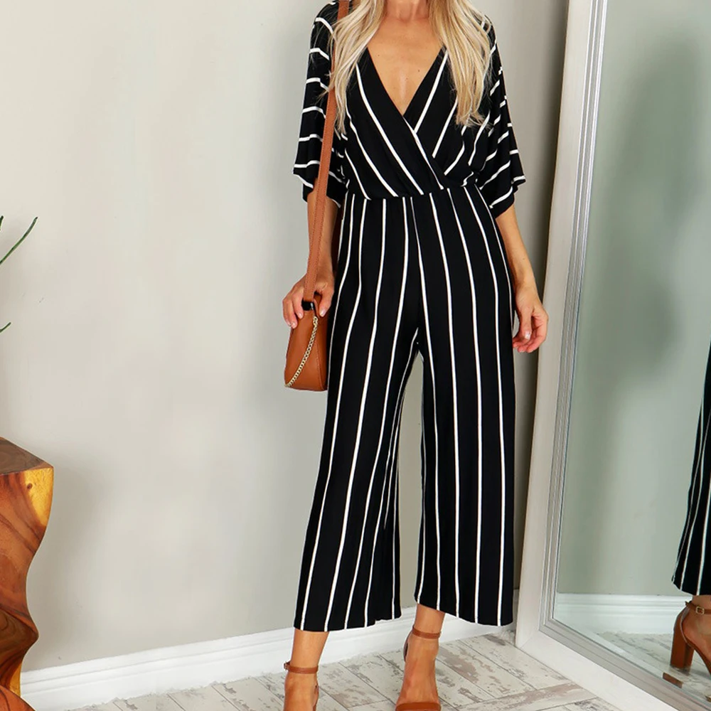 

Ladies Sexy Striped Jumpsuit Autumn Jumpsuit 3XL Ladies White Black Jumpsuit Wide Leg Pants