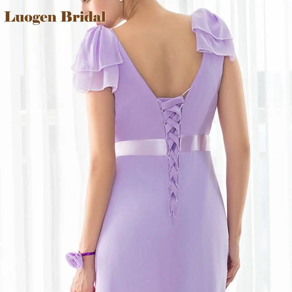 Luogen Bridal 2017 In Stock Bridesmaid Dresses Purple Column Sashes V-Neck Pleat Chiffon Long Wedding Party Gowns Wholesale | Свадьбы и
