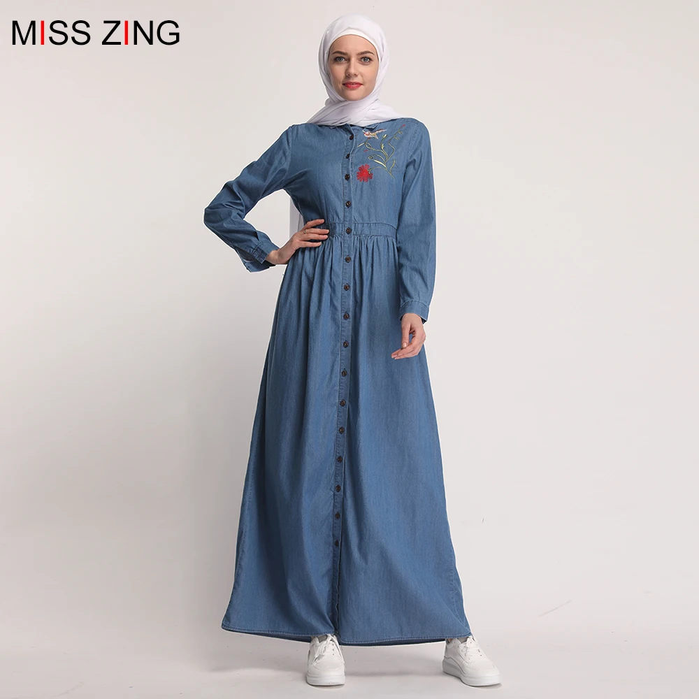 Женское джинсовое платье с вышивкой Zing, длинная юбка с длинным рукавом, кимоно-абайя в мусульманском стиле, одежда для молитвы Ближнего Вост...