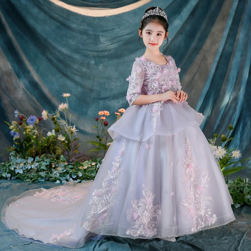 

Платье принцессы с длинным хвостом для девочек, роскошное вечернее платье на день рождения, подиума, для первого общения, модель 2021