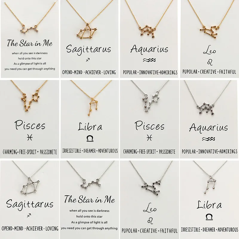 a set 12 silver Ожерелье с длинной цепочкой из золота и серебра с двенадцатью созвездиями, колье из Водолей, рыбы, Телец, Лев, дева, весы, Скорпион, Стрелец, Козерог - Окраска металла: a set 12 silver