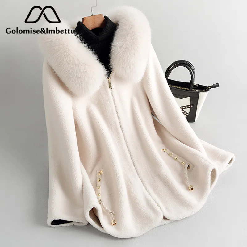 Golomise&ampImbettuy Real Composite Lamb Fur Coat Women Genuine Wool Coat/Jacket Faux Suede Leather Liner With Fox Hood | Женская одежда
