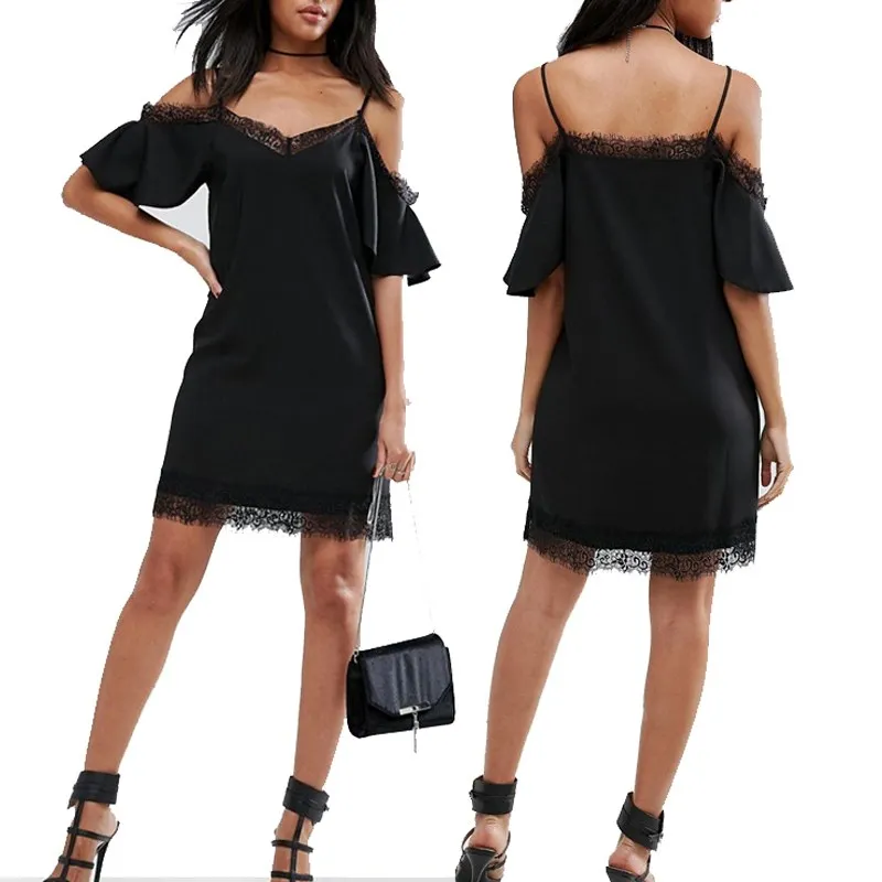 WOM Лето Cold Shoulder Dress 2017 Спагетти ремень короткий рукав Повседневное пикантные