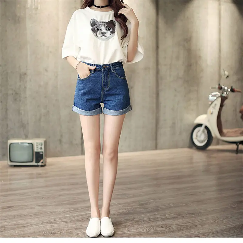 

2019 New Summer Korean Curling Wide Leg Denim Shorts High Waist Summer Feminino Casual Jeans Girls Hot Short Pants f839