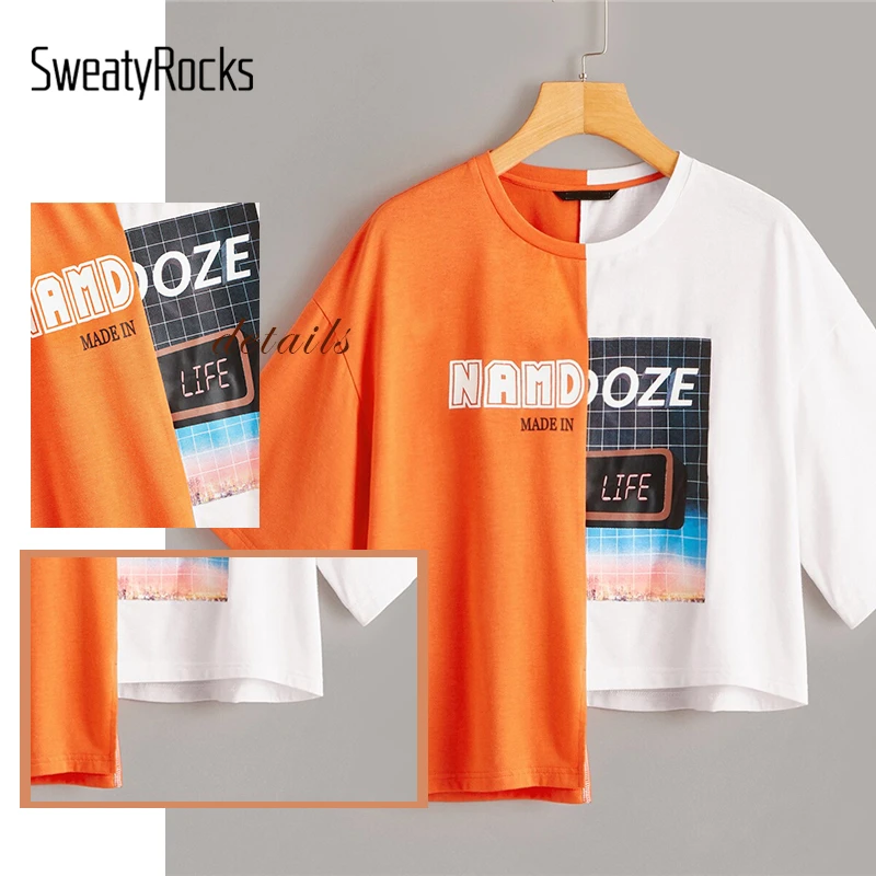 SweatyRocks, смешанный принт, два тона, асимметричная неоновая футболка, уличная одежда, короткий рукав, тройники,, летняя повседневная женская цветная футболка