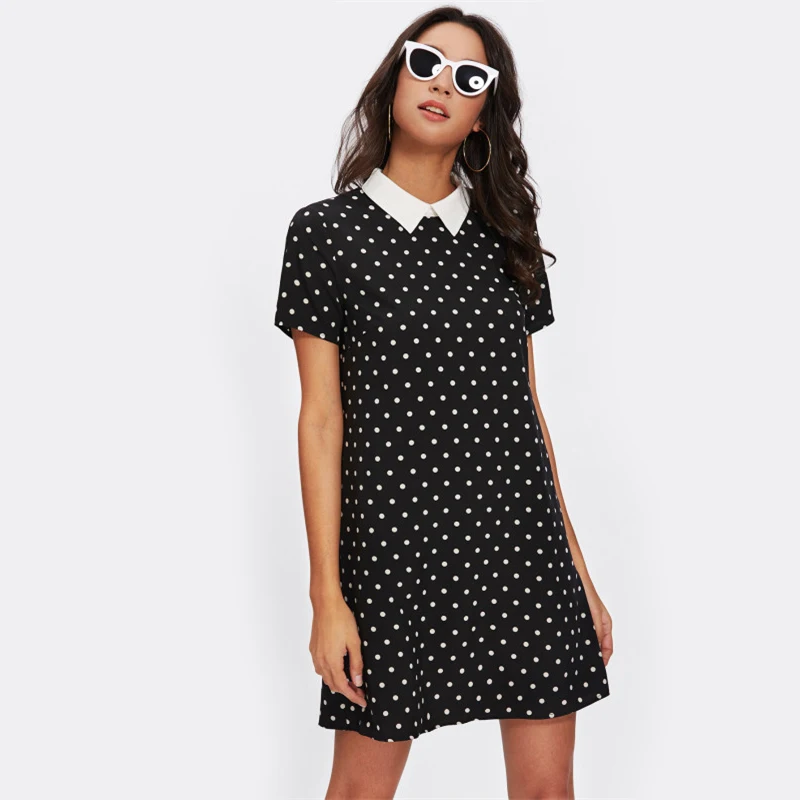 SHEIN Модное Платье С Контрастным Воротником Женское Летнее Черное Повседневное Платье С Короткими Рукавами