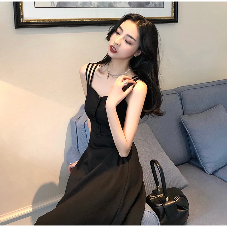 Hong Kong-style retro off-the-shoulder waist slim slimming women's Hepburn black strap dress | Женская одежда