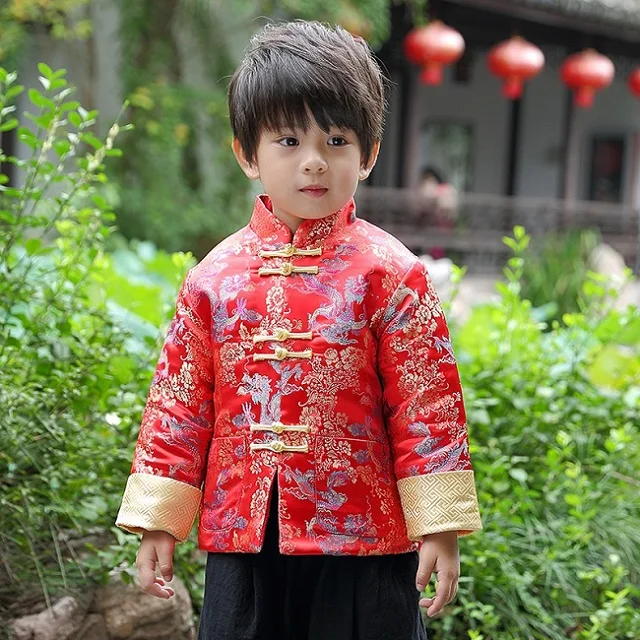 RED 2 Tang Cheongsam с длинным рукавом свободного кроя пальто синий год костюмы для детей мальчик китайский Qipao дети Китайский Стиль зимнее пальто - Цвет: RED 2