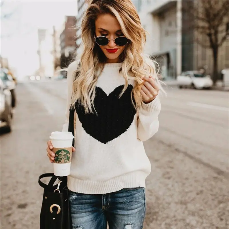 Female sweater 2022 knitwear street heart pattern women sweaters autumn winter warm tops coat pullovers outwear | Женская одежда