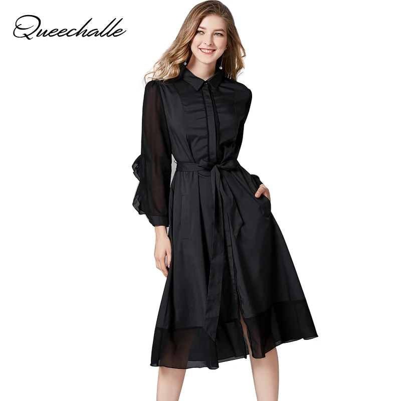 Queechalle 3XL 4XL 5XL размера плюс Повседневное платье-рубашка женское однотонное черное