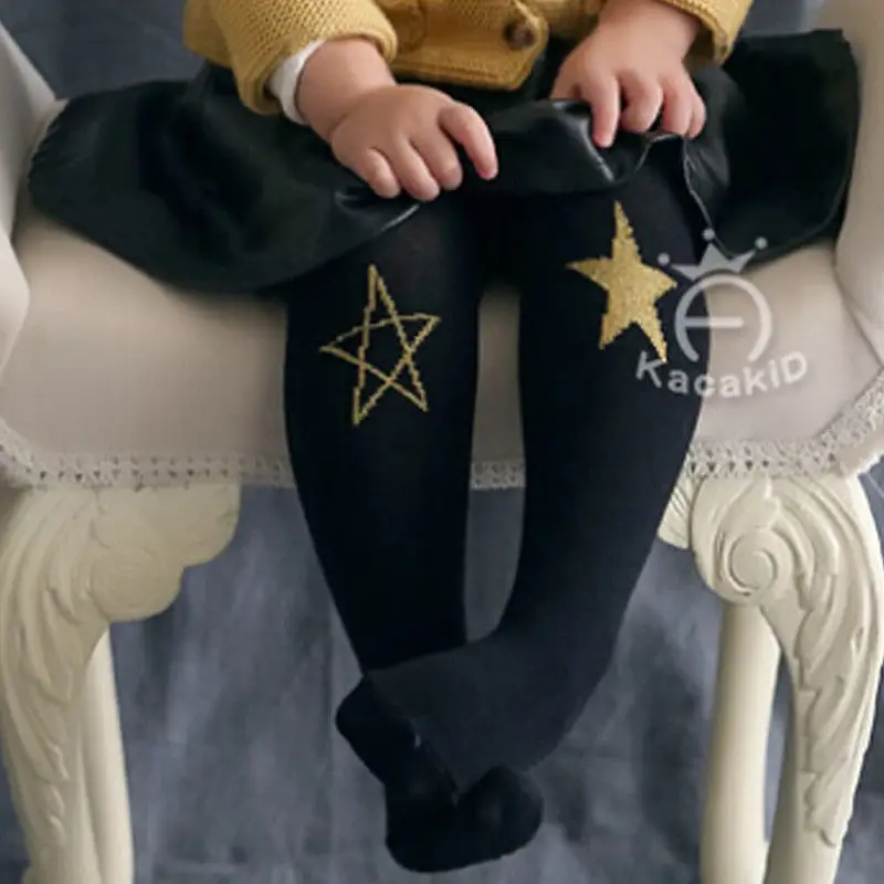 Black Star Осенне-зимние колготки для детей от 0 до 7 лет хлопковые колготки для маленьких девочек с изображением кота и звезды, вязаные колготки для младенцев мягкая одежда для младенцев - Цвет: Black Star