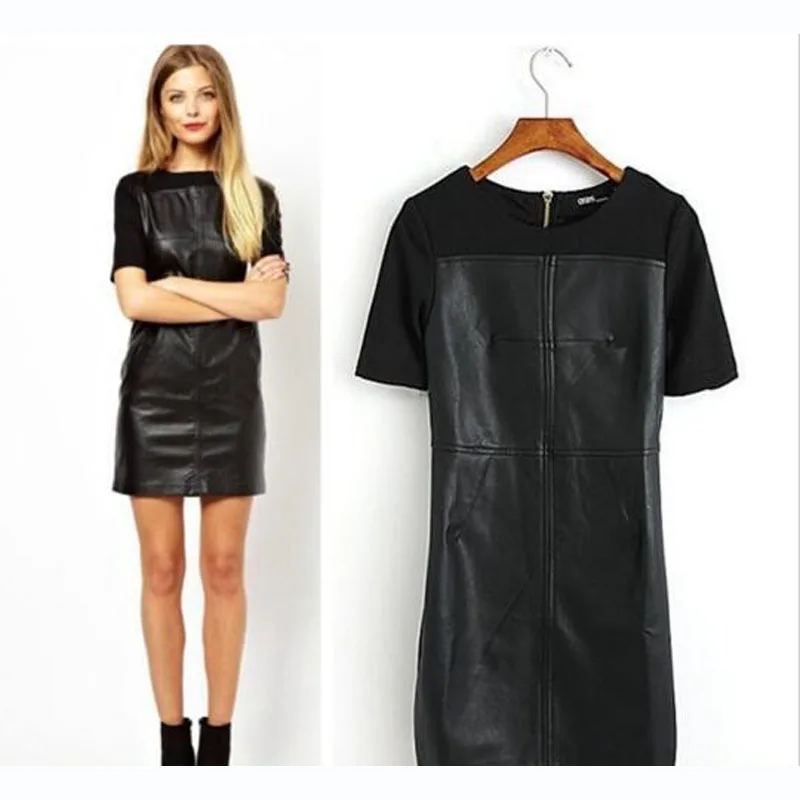 

2018 Fashion Women Straight Mini Casual Dress Autumn Dress Short Sleeve Knitted Leather Patchwork Black Dresses O-Neck JQ1373