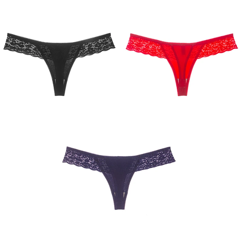 black red blue 3 шт., сексуальное кружевное женское нижнее белье, хлопковые женские трусики с Т-образной спинкой, одноцветные мягкие кружевные стринги для женщин, бесшовные хлопковые стринги - Цвет: black red blue