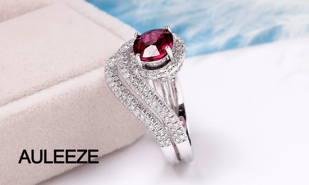 AULEEZE 1.5CT овальной огранки натуральный Rubellite красное кольцо с турмалином настоящий бриллиант 18 K белые золотые обручальные кольца для женщин ювелирные украшения