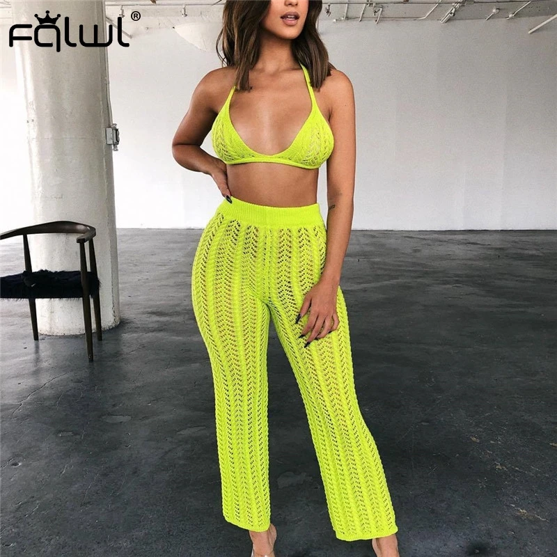 Женский трикотажный комплект из двух предметов FQLWL вязаный кроше Топ и широкие