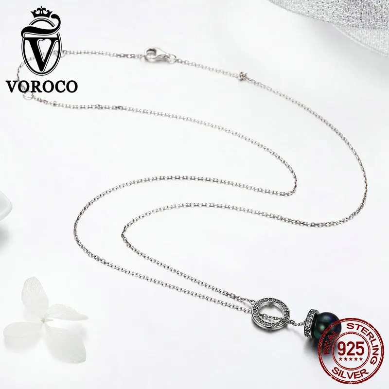 VOROCO 925 пробы серебро длинной цепочке кулон от Black Pearl, Круглый Цепочки и ожерелья Модные Стиль, хорошее ювелирное изделие, подарок Для женщин ожерелье BKN200