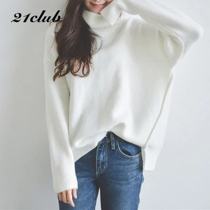 21Club Thick section Turtleneck Sweater 2017 New Autumn Winter Loose Pllouvers Tops Plus Size Famous Brand Women White Sweaters | Женская