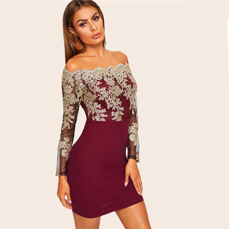 COLROVIE Бургундия с открытыми плечами кружева вышитые гребешок Bodycon Элегантный мини платье женское с длинным рукавом платья для вечеринок