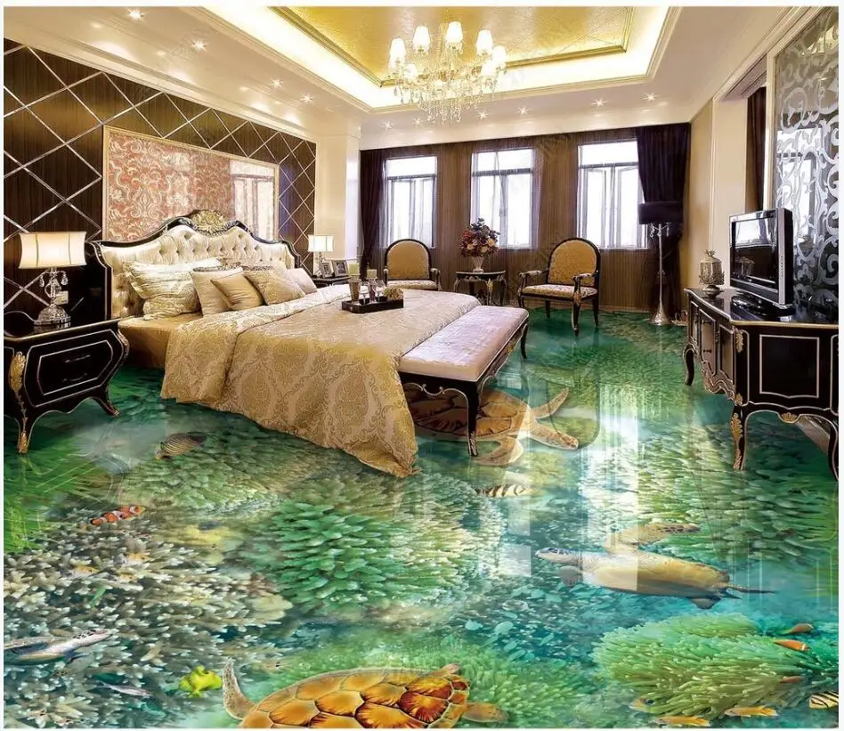 

3 d pvc flooring custom photo waterproof self-adhesion floor Underwater world coral turtle fish bedroom 3d wall murals wallpaper