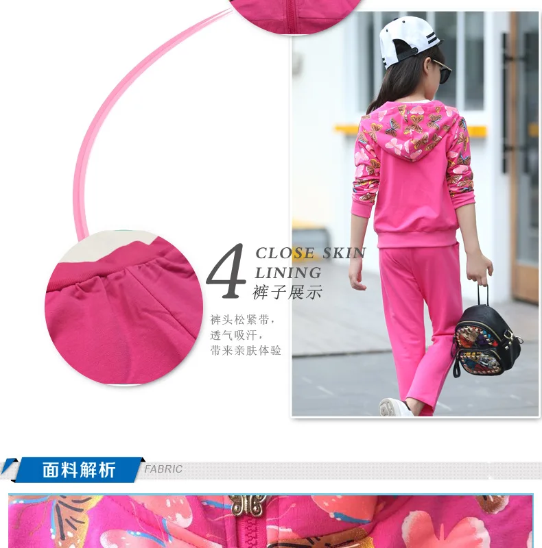 Детская одежда спортивный костюм с длинными рукавами для девочек коллекция года; сезон весна-осень; одежда на молнии с капюшоном и принтом+ брюки; одежда для малышей
