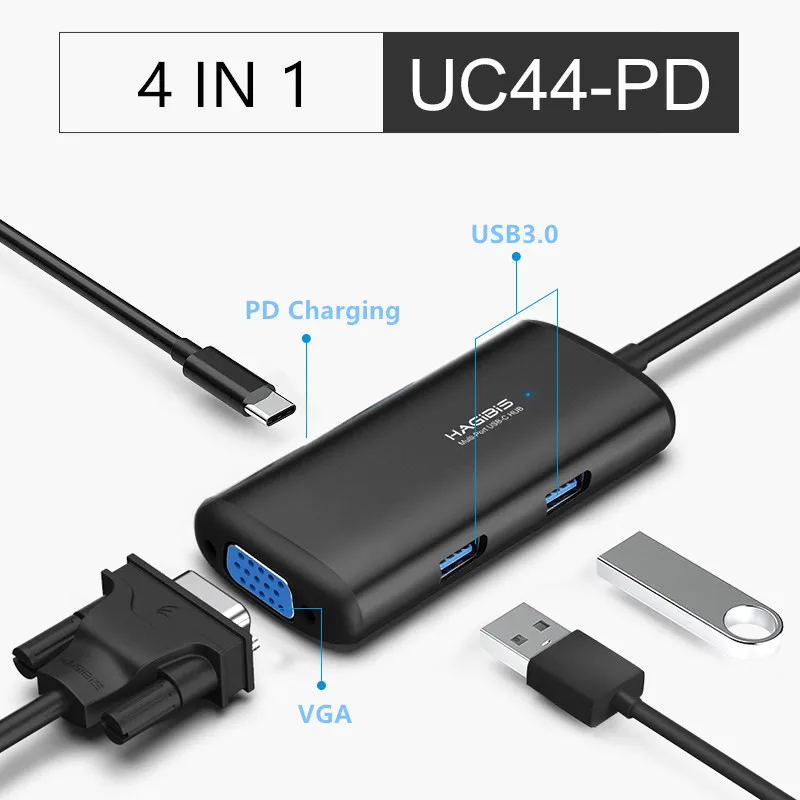 UC44-PD Хагбис тип-c концентратор Многофункциональный USB 3,0 концентратор USB C к HDMI/VGA/AUX/RJ45/SD/TF кард-ридер/PD зарядный адаптер для MacBook PC - Цвет: UC44-PD
