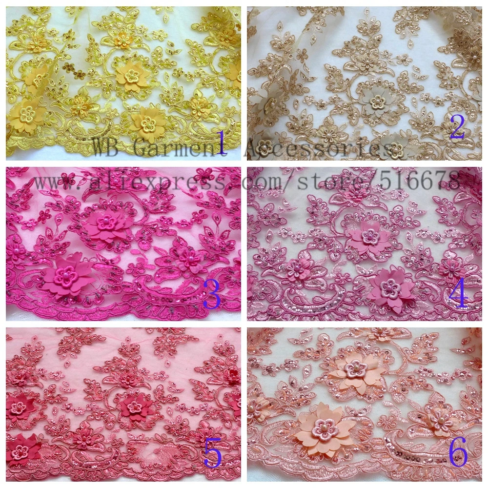 

Hot popular elegant 3d chiffon flowers with sequins on tulle cord embroidery lace fabric 6colors fashion dress lace fabric 1yard