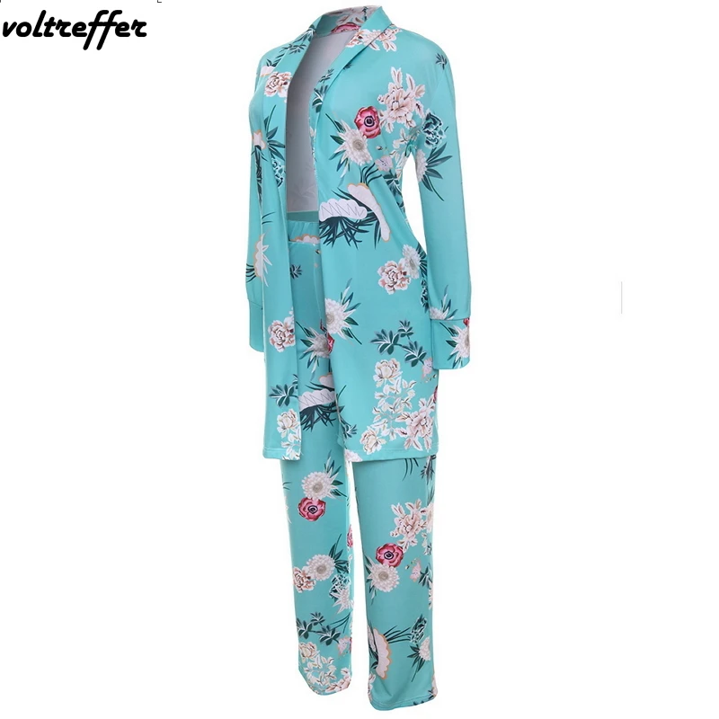 Цветочные две детали с принтом комплект длинный плащ кардиган брюки костюмы