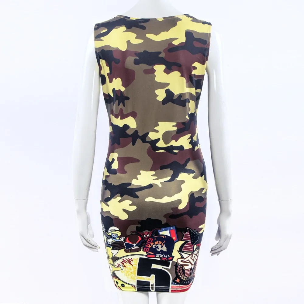 Женское платье без рукавов повседневное облегающее зеленое в стиле милитари с