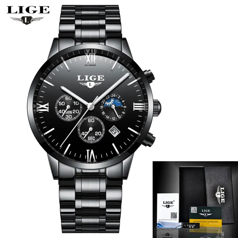 Steel Black LIGE новые мужские часы лучший бренд класса люкс мужские кварцевые часы человек полный стальной Многофункциональный Дата модные спортивные часы Relogio Masculino - Цвет: Steel Black