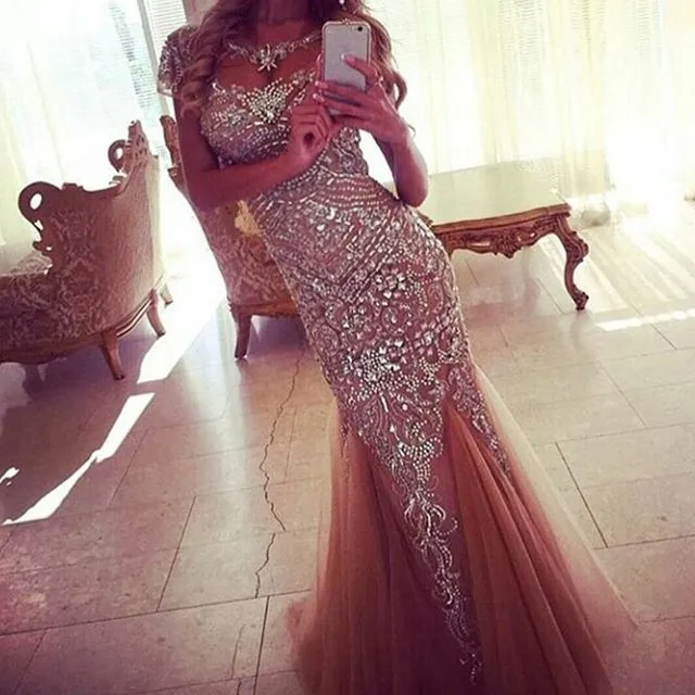 Халат Де Вечер Короткие Рукава Шампанское Вечерние Платья Русалка Тюль