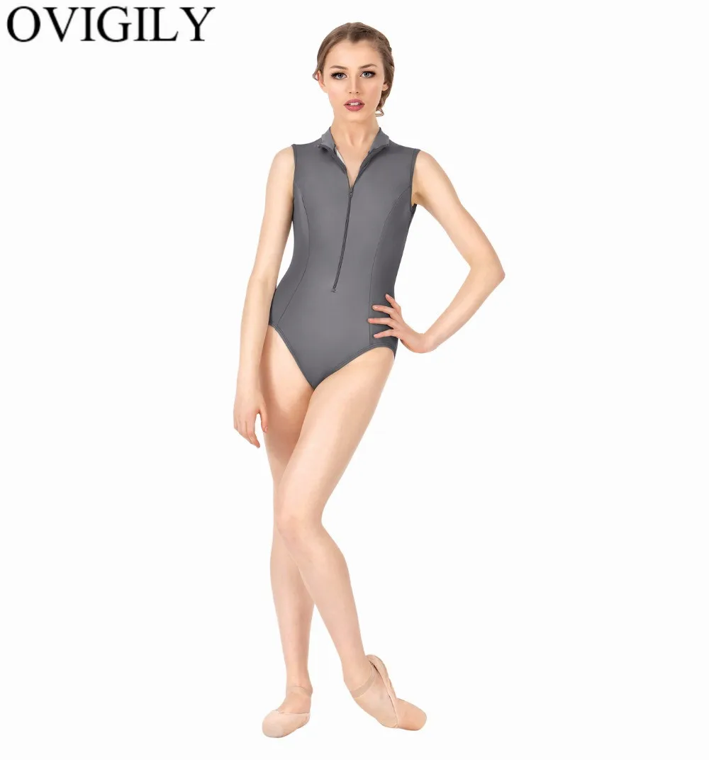 OVIGILY женское черное трико без рукавов для танцоров спереди молния макет шеи