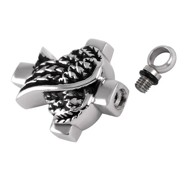 Бесплатная доставка крыло с крест из нержавеющей стали кремации урна кулон