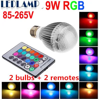 Бесплатная доставка 2 шт./лот E27 RGB Светодиодная лампа 9 Вт AC110V 220 в 85-265 с пультом