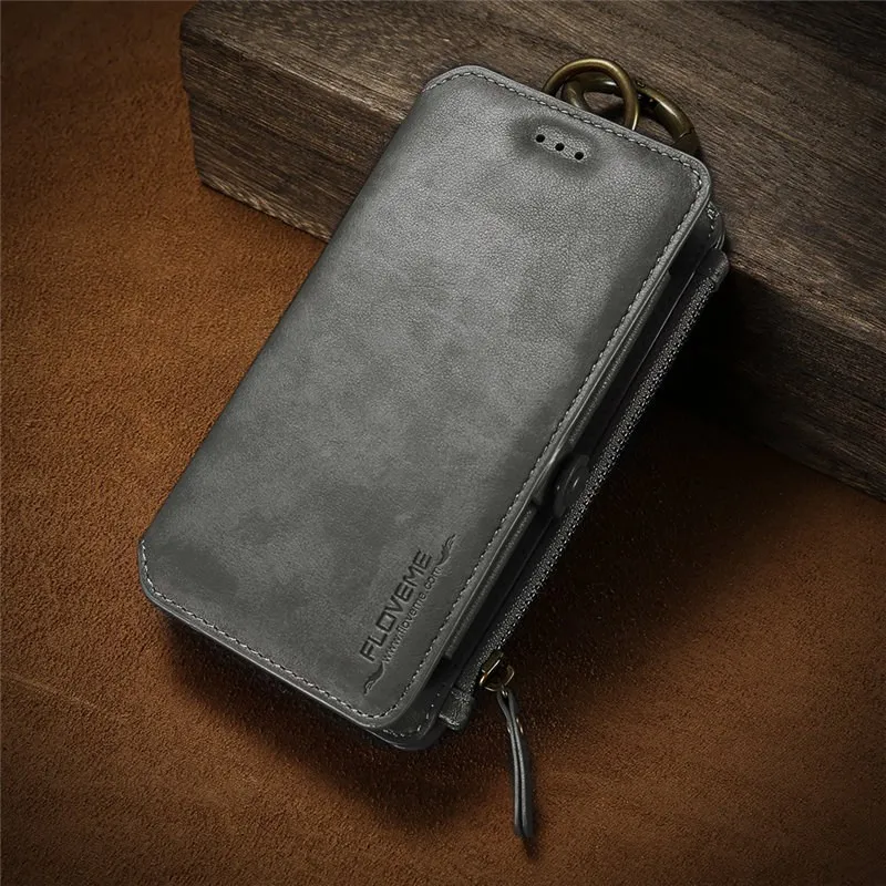 Gray FLOVEME, Винтажный чехол для телефона из искусственной кожи, чехол для iPhone X, 7, 6s, 6, чехол,, Бизнес Стиль, флип, подставка, кошелек для iPhone X, 6s, 6 Plus - Цвет: Gray