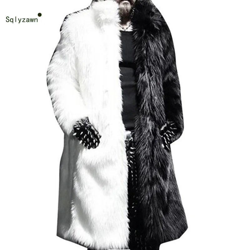 Мужская зимняя куртка из искусственного меха черная белая Длинная ветровка