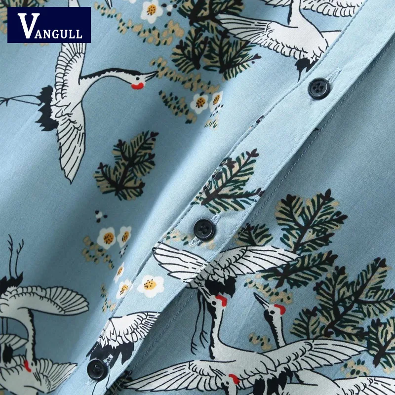 Crowned crane blouse women tops swan birds print shirt blouses 2018 new long sleeve shirts sky color chemise femme blusa |
