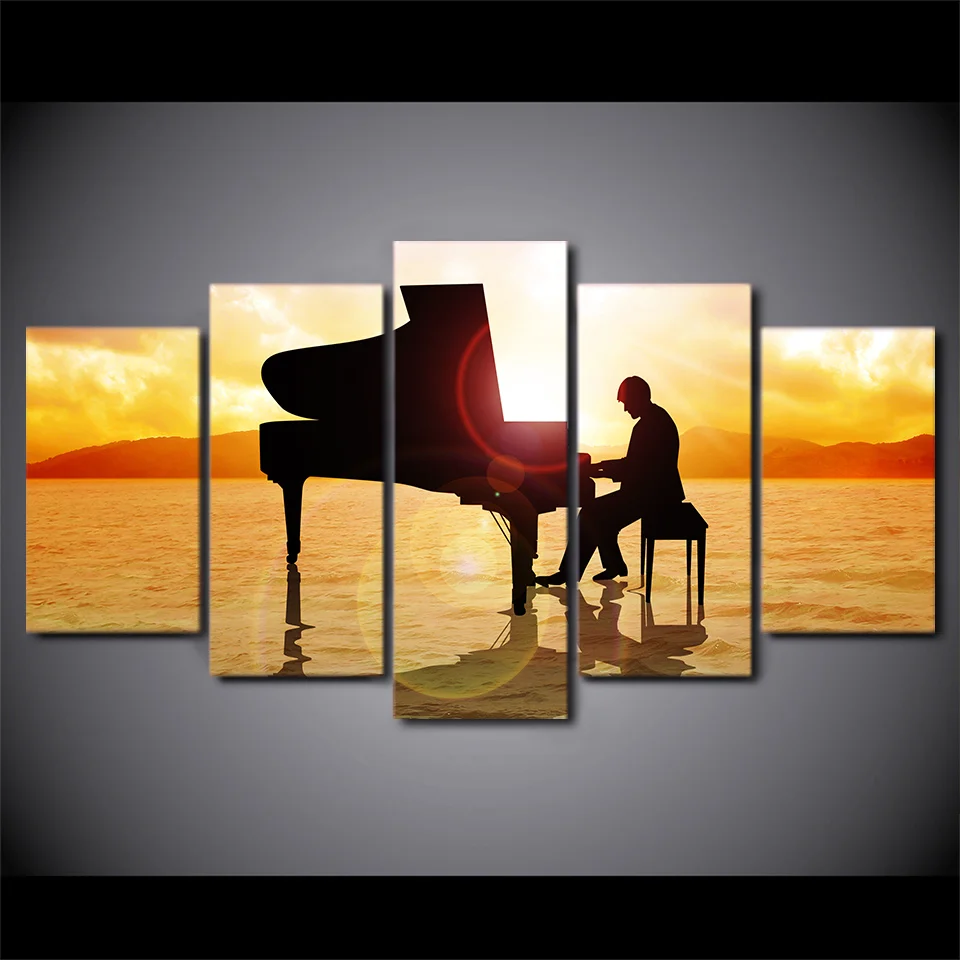 

HD Printed 5 Piece Canvas Art Piano Music Sunset Beach Sea Painting Wall Pictures for Living Room Modern Free Shipping