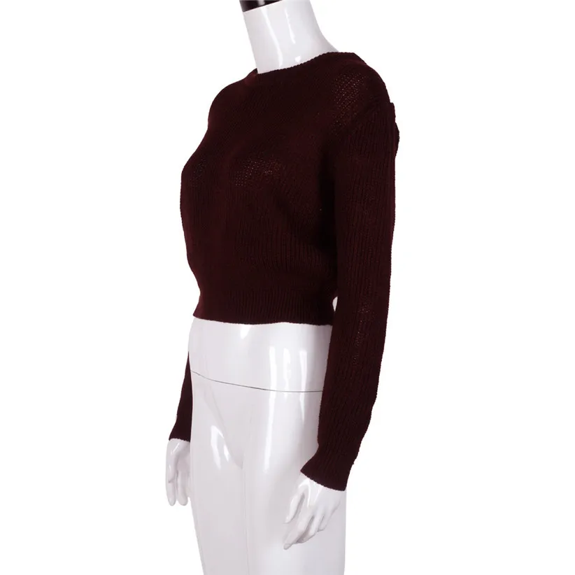 Newly Design Women Casual Autumn Knit Short Sweater Burgundy Long Sleeve Loose Crop Top Pullover Drop Shipping #0720 | Женская одежда