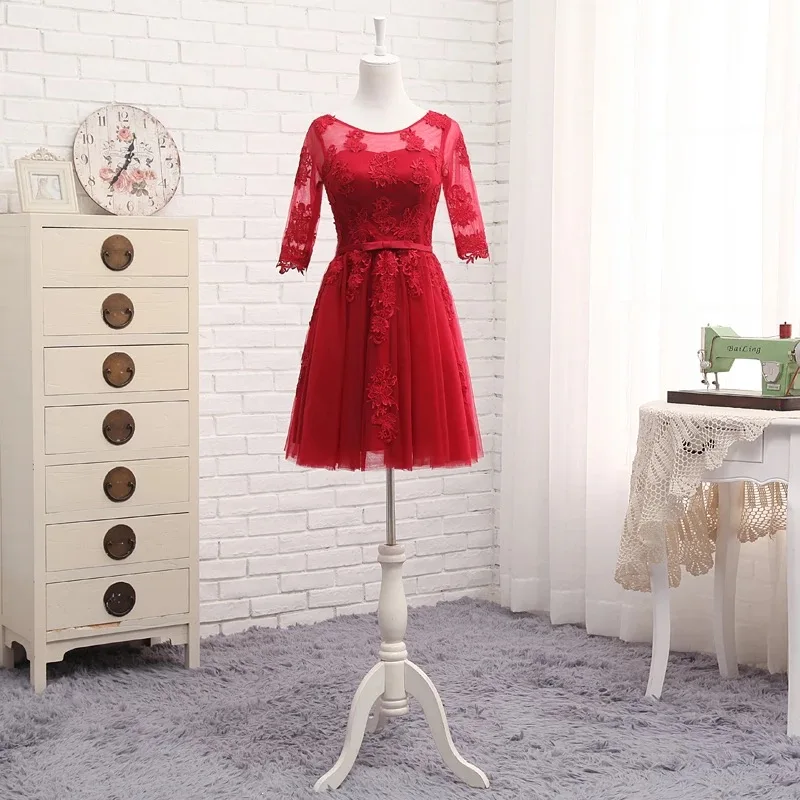 Wine Red Платье длиной до середины икры с коротким рукавом трапециевидной формы из тюля, кружевное короткое вечернее платье, женское вечернее платье, элегантное простое платье хорошего качества DR02S - Цвет: Wine Red