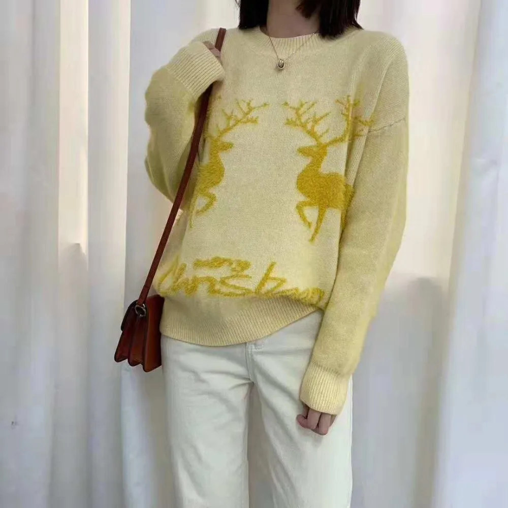 H.SA 2019 Spring New Women Christmas Sweaters Oneck Deer Jumpers Cute Kawaii Knit Pullovers Autumn Winter Fashion Tops | Женская одежда