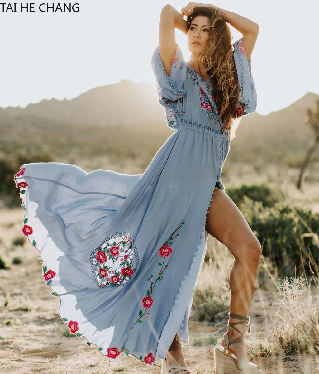 

2019 New Fashion Women Maxi Dress Summer Spring Vintage Retro Embroidery Bohemian Sexy Backless Beach Party Split Runway Dresses
