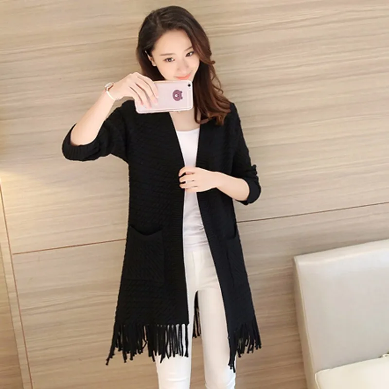 Ladies Knitting Shawl 2019 New Spring Autumn Casual Women Long V-neck Tassels Sweater Fashion Elegant Pure Color Cardigan JXT109 |