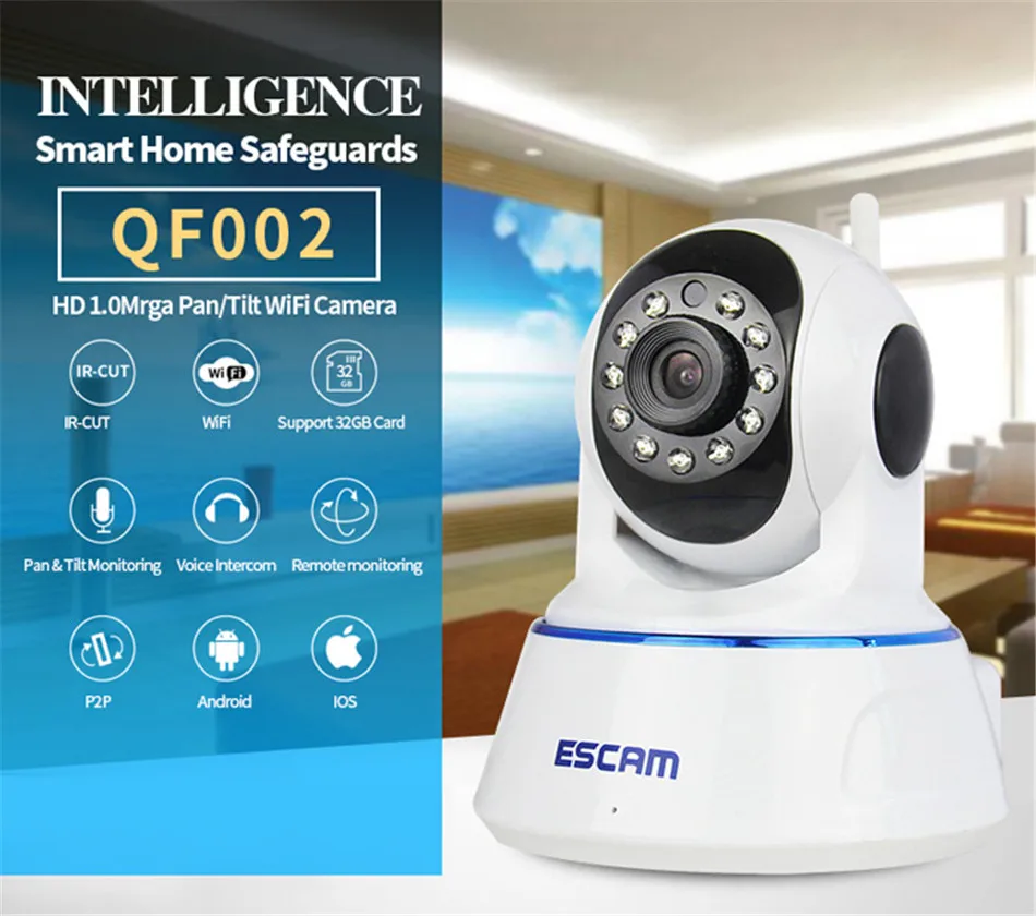 ESCAM QF002 IP камера wifi 720P P2P ночное видение ИК двухстороннее аудио слот карты Micro SD для домашней компании безопасности