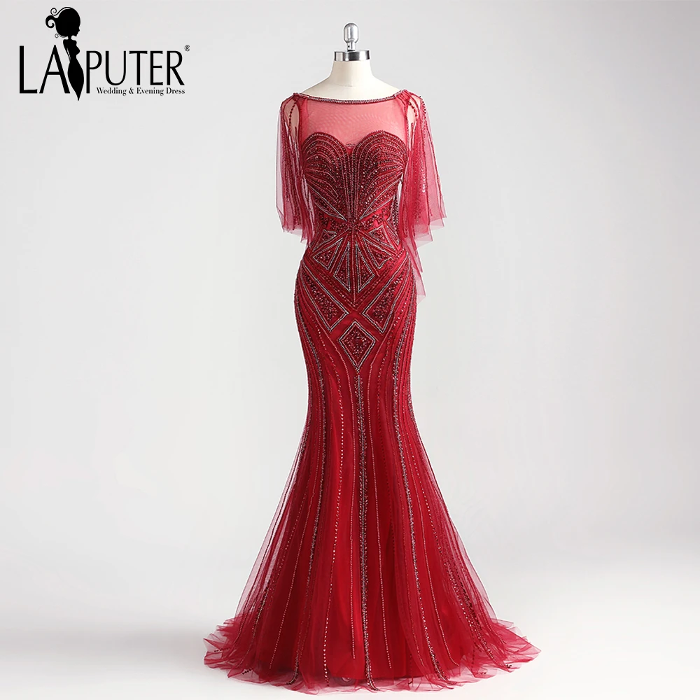 Laiputer 2018 Burgundy Stretch Sexy Mermaid Heavy Beading Luxury Formal Long Elegant Evening Prom Dresses With Shawl | Свадьбы и